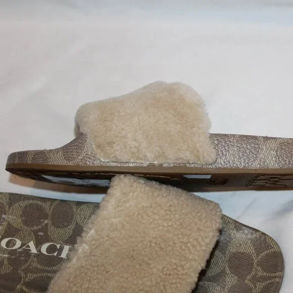 NIB COACH WOMEN'S ULLA SHEARLING LOGO SLIDE IVORY SIGNATURE SZ 7 - Picture 4 of 6